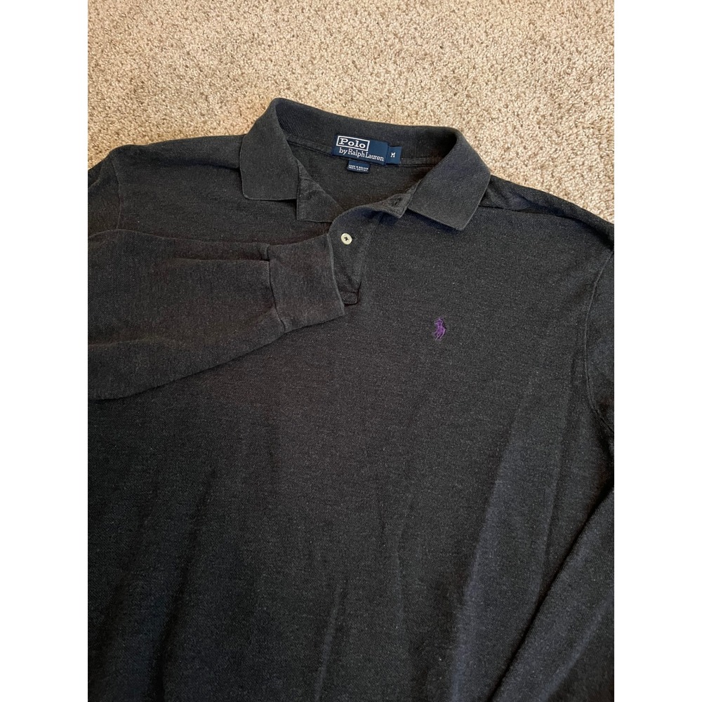 Polo Ralph Lauren Mens Polo Shirt M Charcoal Gray Long Sleeve Purple Pony Logo